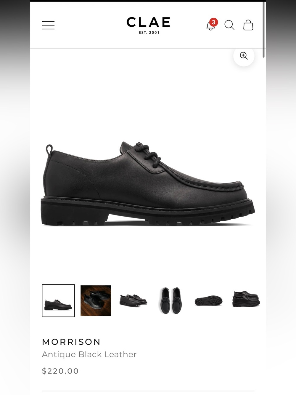 CLAE Morrison Men’s Black Leather Lug Sole Derby
